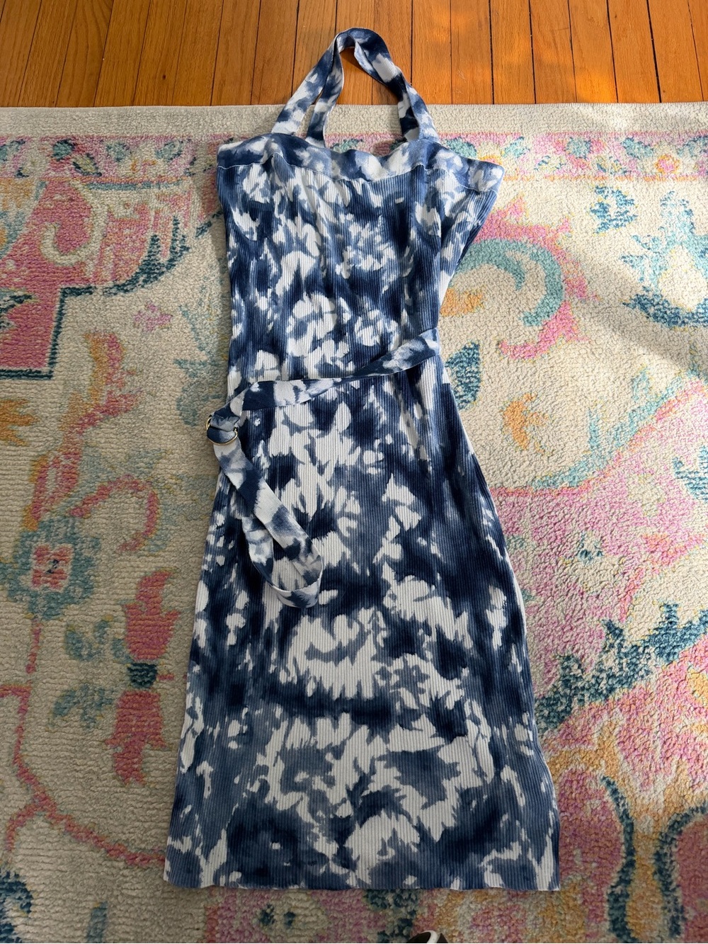 Michael Kors Navy and White Halter Tie-Detail Midi Dress